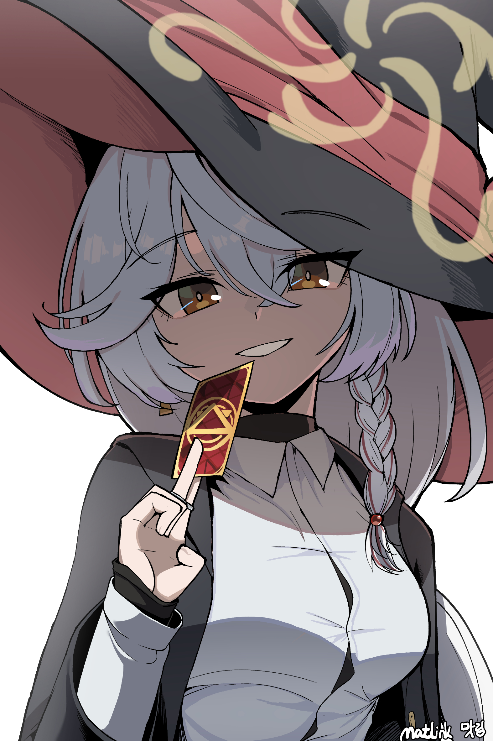 matlink, eri (blue archive), blue archive, bow, bowtie, braid, card, earrings, halo, hat, holding, holding card, jacket, jewelry, long coat, long hair, orange eyes, shadow, shirt, smile, sweater, white hair, witch hat