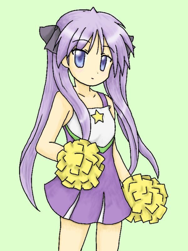 hiiragi kagami, lucky star, artist request, tagme, 00s, 1girl, blue eyes, cheerleader, female focus, green background, long hair, looking at viewer, pom pom (cheerleading), purple hair, short sleeves, solo, twintails