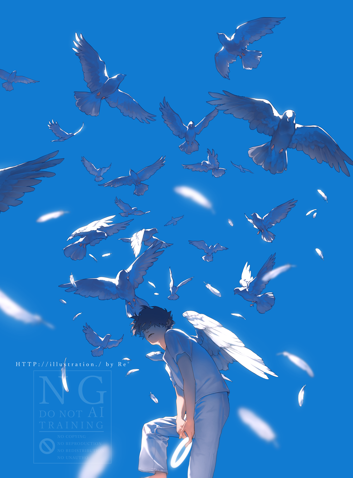 rido (ridograph), original, commentary request, highres, 1boy, animal, bird, black hair, blue sky, day, feathers, halo, holding halo, male focus, outdoors, pants, shirt, short hair, sky, solo, watermark, web address, white feathers, white halo, white pants, white shirt, white wings, wings