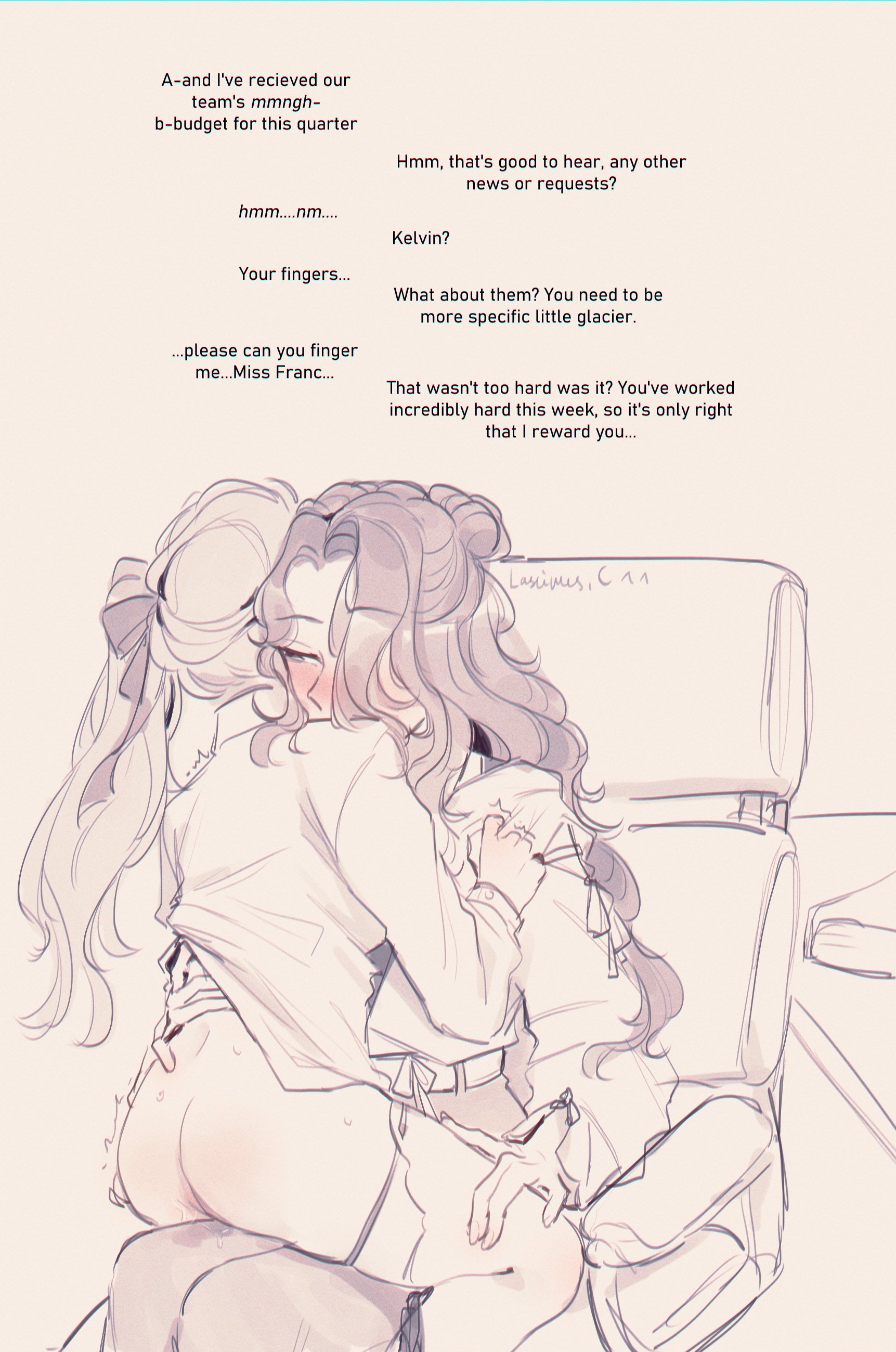 korichi celeste, cabernet (path to nowhere), kelvin (path to nowhere), path to nowhere, absurdres, highres, 2girls, blush, chair, clothes lift, frottage, hand on another's waist, long hair, long sleeves, multiple girls, office chair, pantyhose, ponytail, pussy juice, shirt lift, sitting, sitting on lap, sitting on person, sweat, swivel chair, thighhighs, yuri
