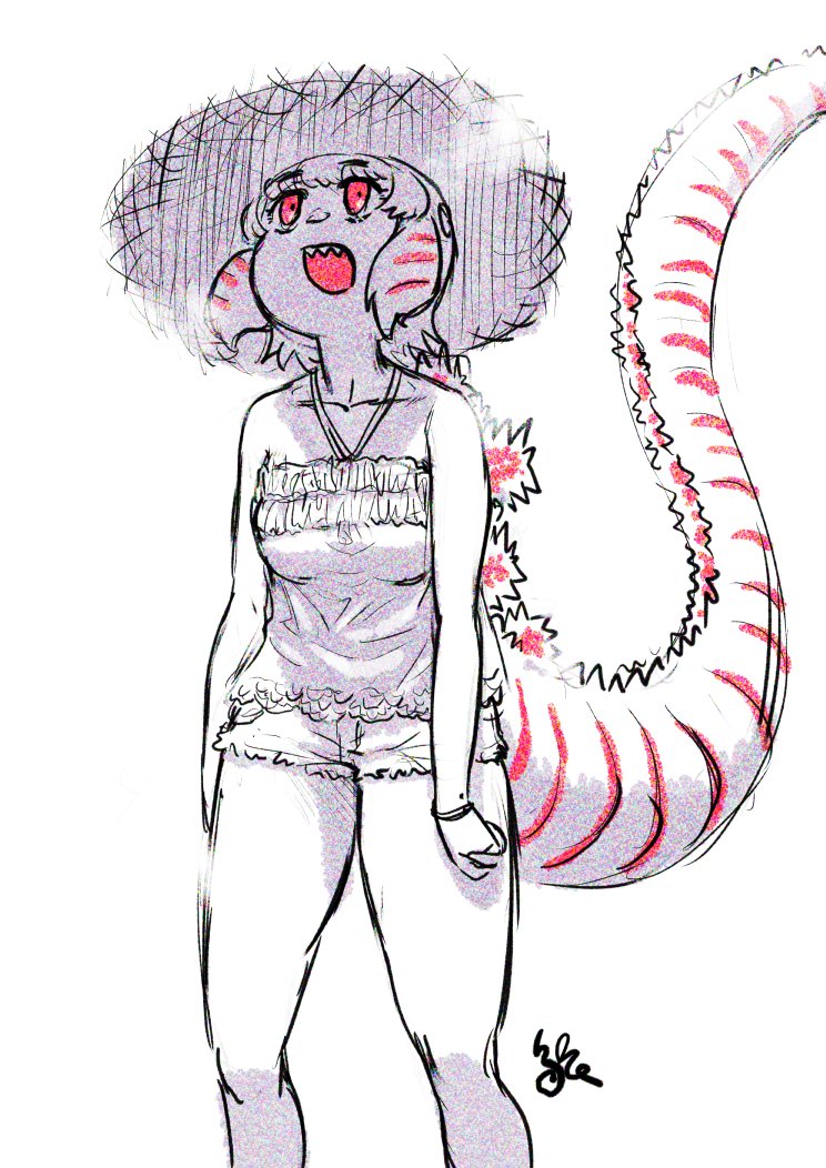 kishida shiki, godzilla, godzilla (shin), godzilla (series), kemono friends, original, shin godzilla, 1girl, arms at sides, bare arms, bare legs, bare shoulders, feet out of frame, legs apart, long tail, looking up, multicolored hair, open mouth, personification, red eyes, red hair, sharp teeth, short hair, short shorts, shorts, simple background, solo, spines, spot color, standing, tail, teeth, two-tone hair, upper body, upper teeth only, white background
