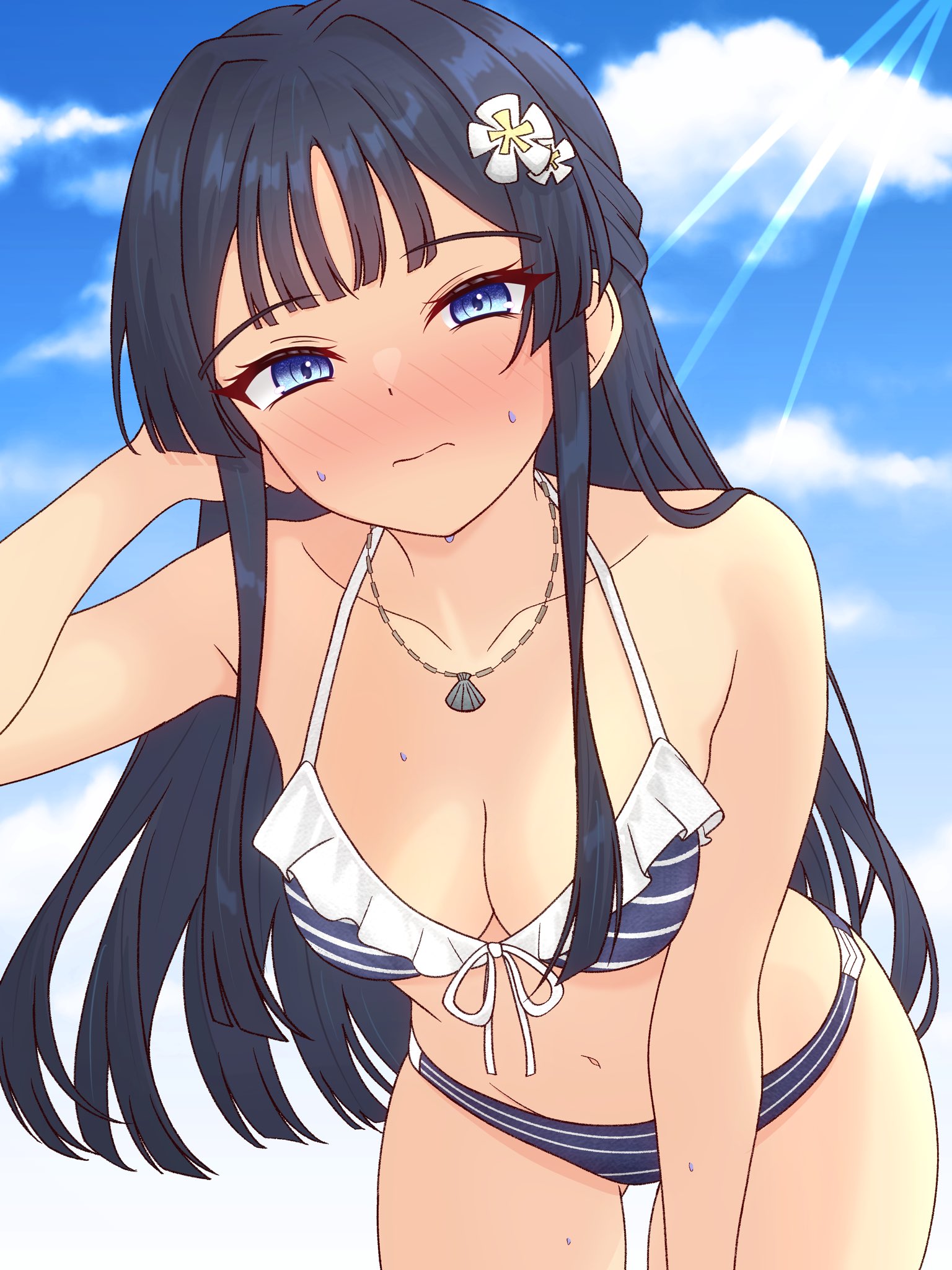 82k mugi, mogami shizuka, idolmaster, idolmaster million live!, highres, 1girl, bikini, black hair, blue eyes, blush, breasts, cleavage, closed mouth, collarbone, cowboy shot, day, flower, frilled bikini, frills, front-tie bikini top, front-tie top, gluteal fold, hair flower, hair ornament, jewelry, leaning forward, long hair, looking at viewer, navel, necklace, outdoors, shell, shell necklace, solo, standing, sunlight, sweat, swimsuit, white flower