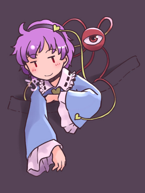 rangycrow, komeiji satori, touhou, commentary request, 1girl, black hairband, blue shirt, blush, buttons, collar, frilled collar, frilled sleeves, frills, grey background, hair ornament, hairband, heart, heart button, heart hair ornament, in pocket, jitome, mini person, pink hair, pocket, red eyes, shirt, short hair, smile, solo, third eye