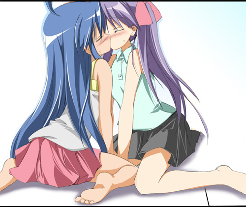 sen (astronomy), hiiragi kagami, izumi konata, lucky star, lowres, 00s, 2girls, barefoot, blue hair, blush, hair ribbon, kiss, long hair, multiple girls, purple hair, ribbon, shadow, sitting, skirt, wariza, yuri