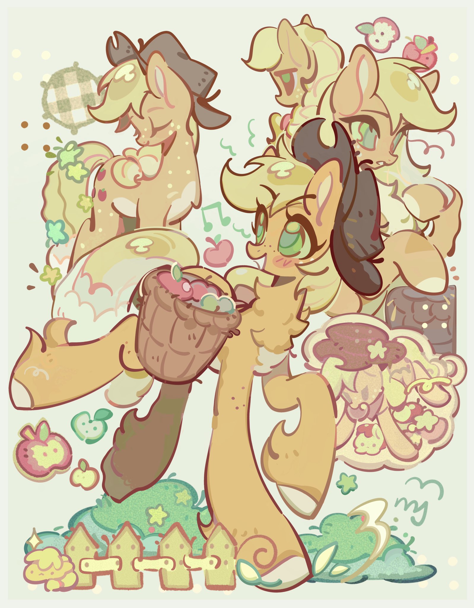 yanyannonoz, apple bloom, applejack, my little pony, my little pony: friendship is magic, hashtag-only commentary, highres, animal, animal focus, apple, baby animal, basket, blonde hair, closed eyes, cowboy hat, foal, food, freckles, fruit, green hair, hat, hooves, horse, long hair, looking down, low-tied long hair, multiple views, no humans, pony (animal), siblings, sisters
