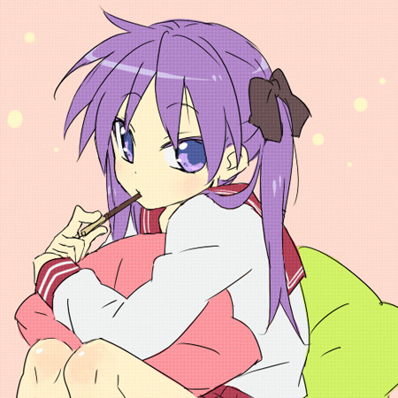 hiiragi kagami, lucky star, lowres, 00s, 1girl, female focus, food, hair ribbon, hugging object, long hair, looking at viewer, mouth hold, pillow, pillow hug, pleated skirt, pocky, purple eyes, purple hair, ribbon, school uniform, serafuku, skirt, solo, tsurime, twintails