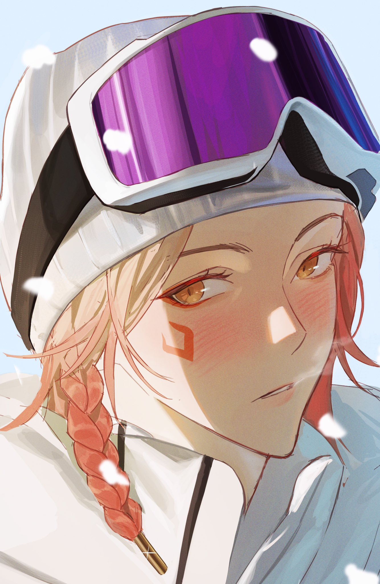 mydei (honkai: star rail), honkai: star rail, honkai (series), hashtag-only commentary, highres, 1boy, beanie, blonde hair, blush, braid, goggles, goggles on headwear, gradient hair, hat, jacket, khakha240478476, looking at viewer, male focus, medium hair, multicolored hair, red hair, side braid, snowing, solo, white jacket, yellow eyes