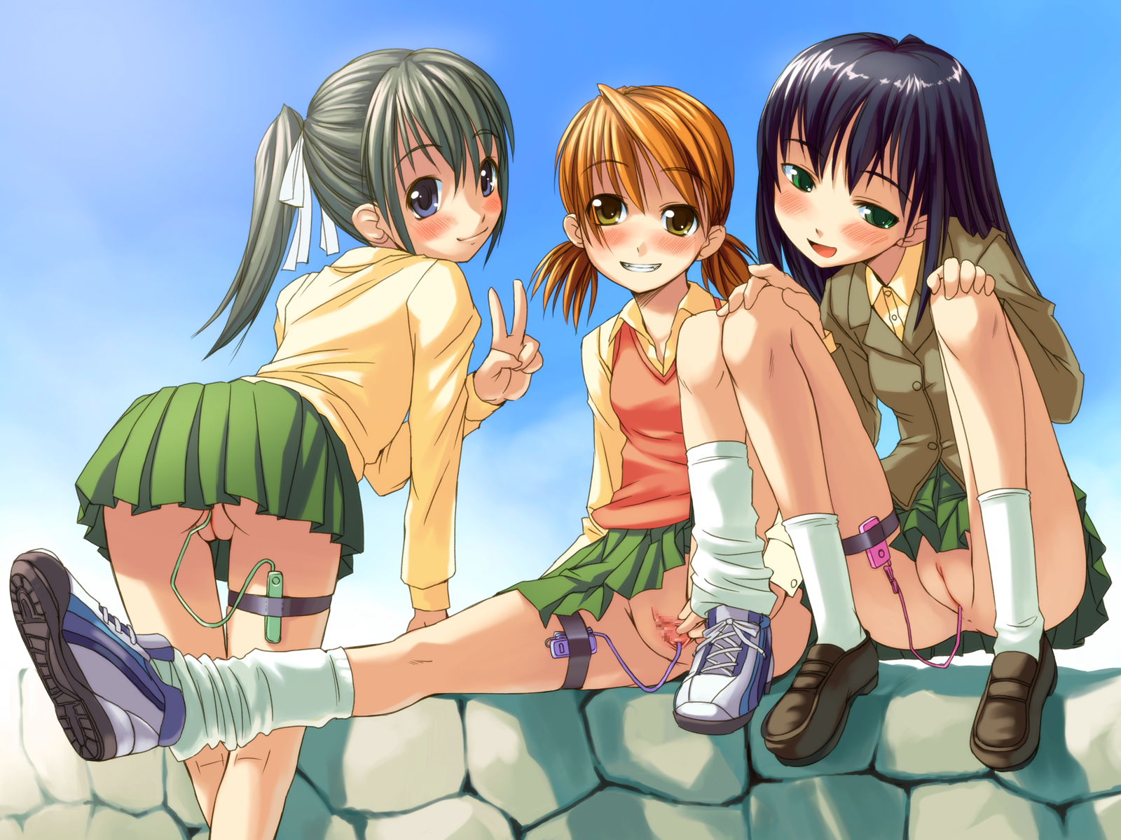bosshi, clothes, highres, 3girls, blush, bmp, censored, green eyes, loli, multiple girls, no panties, ponytail, public indecency, public vibrator, sex toy, skirt, thumbnail error, twintails, v, vibrator