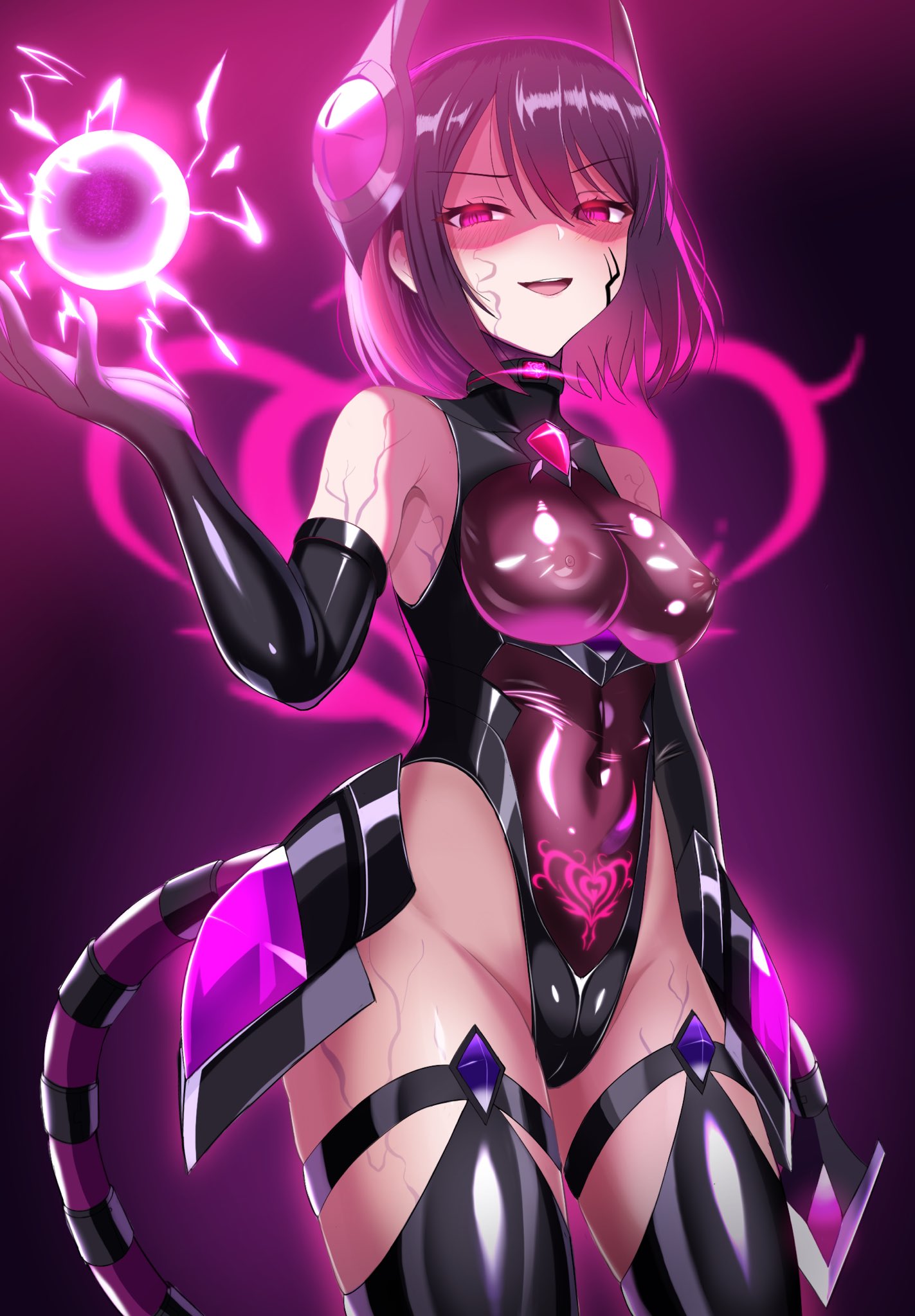 original, highres, 1girl, bare shoulders, breasts, corruption, covered erect nipples, covered navel, dark persona, elbow gloves, energy ball, evil smile, facial mark, gloves, headgear, highleg, highleg leotard, horns, hyper hetappi, latex, leotard, looking at viewer, medium breasts, mind control, open mouth, pink eyes, pubic tattoo, pubic tattoo through clothing, purple eyes, purple hair, shiny clothes, short hair, skin tight, smile, solo, tail, tattoo, thighhighs, veins, weapon