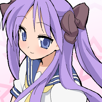 r-type nirvana, hiiragi kagami, lucky star, lowres, 00s, hair ribbon, long hair, oekaki, purple eyes, purple hair, ribbon, school uniform, serafuku, smile, solo, tsurime, twintails