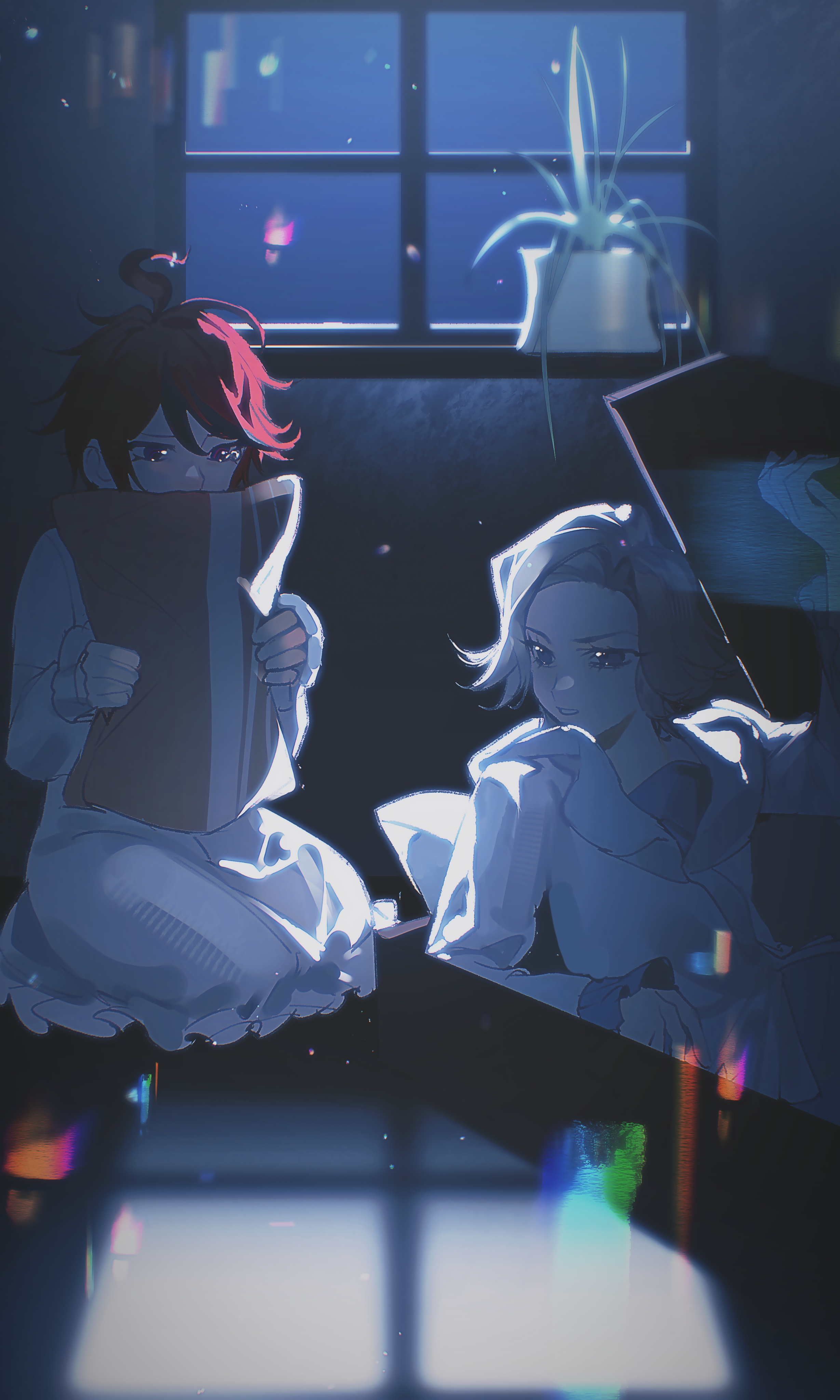 aizendai, aotsuki eito, sumino takumi, the hundred line -last defense academy-, absurdres, chinese commentary, highres, 2boys, ahoge, bed, black streaks, blue eyes, covering own mouth, glasses, grey hair, holding, holding pillow, indoors, looking at another, lying, male focus, moonlight, multicolored hair, multiple boys, night, pajamas, pillow, plant, potted plant, red hair, seiza, short hair, sitting, streaked hair, tearing up, white pajamas, window, window shadow
