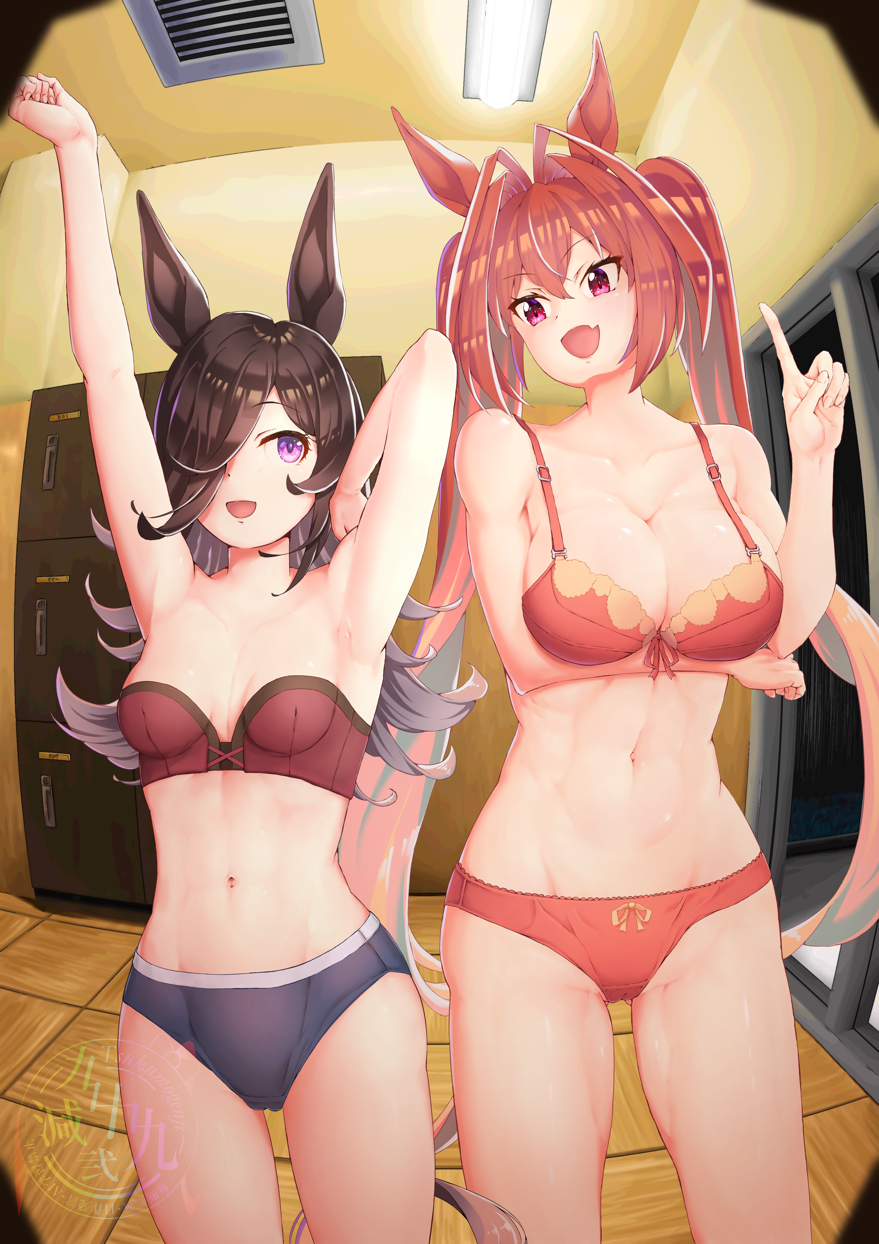tsukumogenji, daiwa scarlet (umamusume), rice shower (umamusume), umamusume, absurdres, highres, 2girls, abs, arm under breasts, arm up, armpits, bra, breasts, brown hair, cameltoe, ceiling, ceiling light, fang, fisheye, gluteal fold, hair between eyes, hair intakes, hair over one eye, hand up, index finger raised, indoors, large breasts, legs apart, long hair, looking at another, medium breasts, multiple girls, navel, open mouth, outstretched arm, panties, pink hair, purple eyes, red bra, red panties, side-by-side, skin fang, smile, standing, stomach, strapless, strapless bra, toned, toned female, twintails, underwear, underwear only, very long hair, watermark, wooden floor