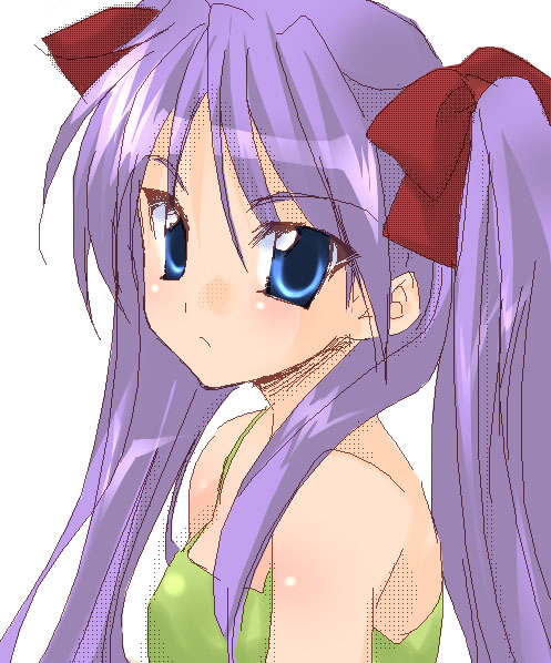 utsubo kazura, hiiragi kagami, lucky star, 00s, 1girl, bare shoulders, blue eyes, blush, body blush, bow, female focus, frown, hair bow, long hair, looking at viewer, pink hair, red bow, simple background, solo, white background