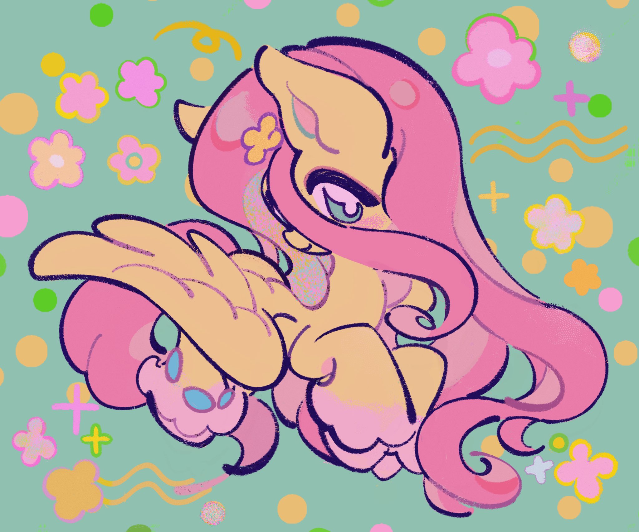 yanyannonoz, fluttershy, my little pony, my little pony: friendship is magic, hashtag-only commentary, highres, animal, animal focus, green background, green eyes, hooves, horse, long hair, looking at viewer, no humans, pegasus, pink hair, pony (animal), simple background, smile, solo, very long hair, wings