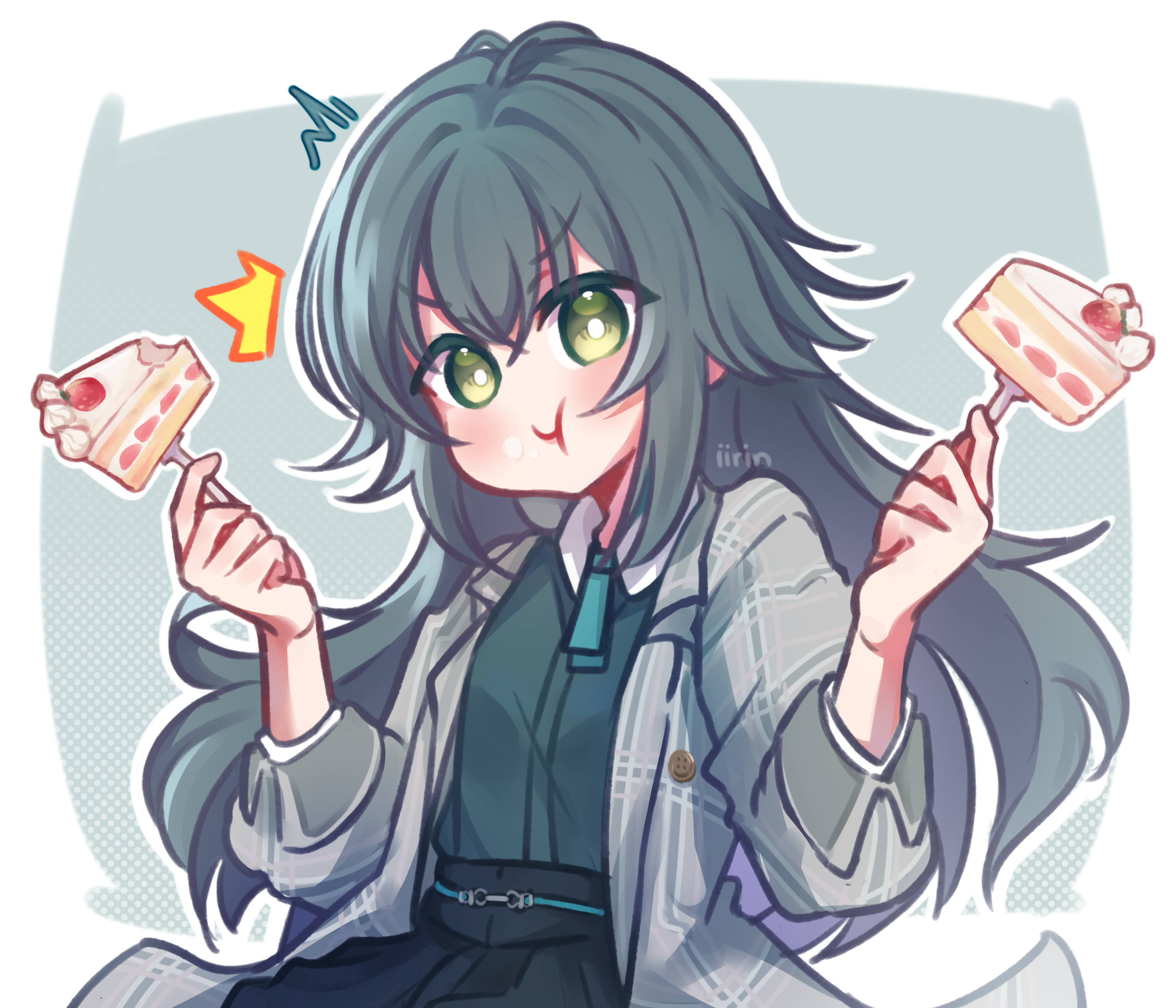iirin, tsukimura temari, gakuen idolmaster, idolmaster, absurdres, highres, 1girl, black skirt, cake, cake slice, chewing, coat, food, fork, green eyes, green hair, green shirt, grey coat, holding, holding fork, long hair, long sleeves, looking at viewer, outline, plaid clothes, plaid coat, shirt, skirt, solo, strawberry shortcake, upper body, white outline