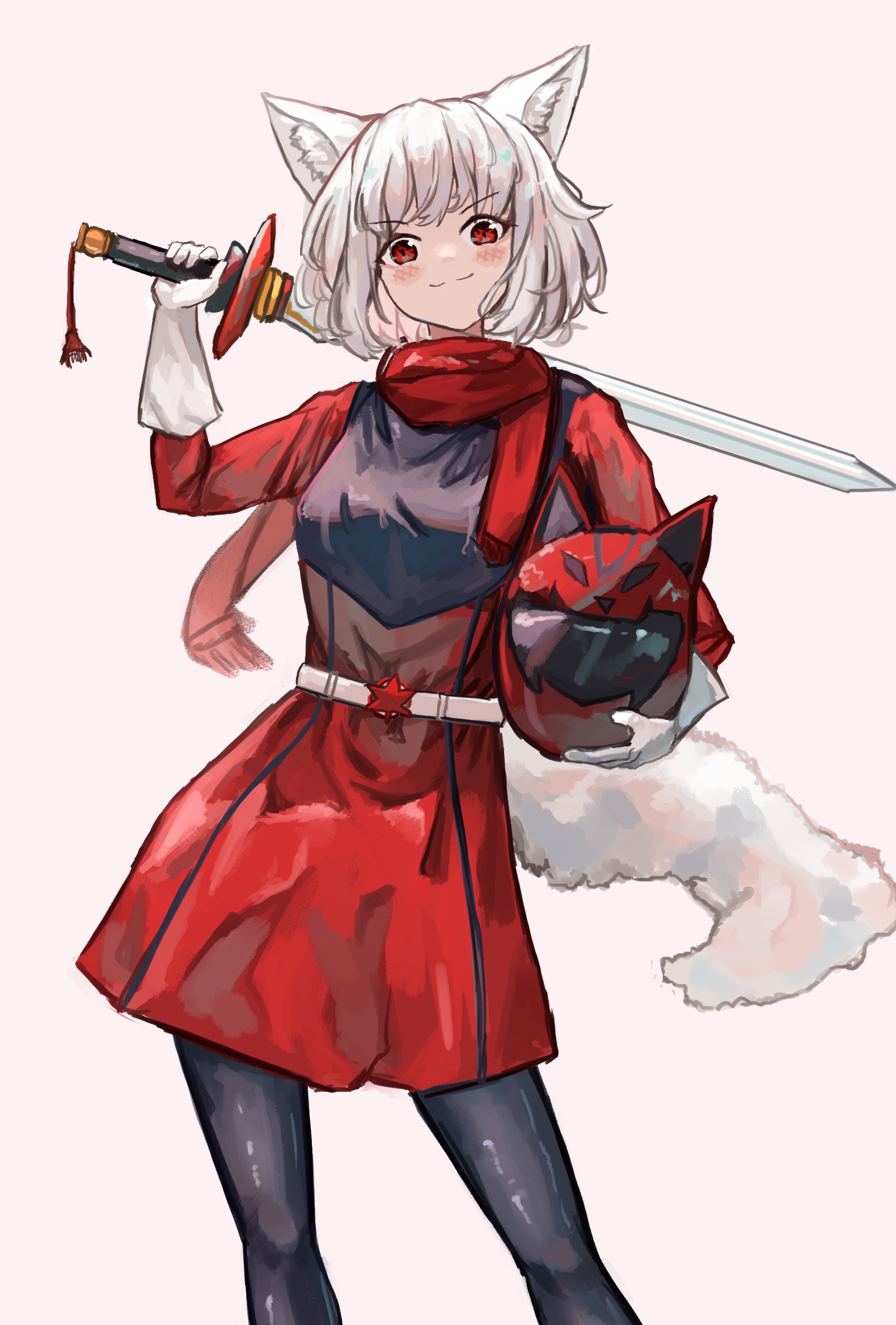 vanilla flan, inubashiri momiji, super sentai, touhou, commentary, highres, symbol-only commentary, 1girl, :3, alternate costume, animal ear fluff, animal ears, animal helmet, belt, belt buckle, black leggings, black shirt, blush, breasts, buckle, cowboy shot, gloves, helmet, holding, holding sword, holding unworn helmet, holding weapon, leaf, leaf ornament, leggings, long sleeves, looking at viewer, maple leaf, medium breasts, red eyes, red shirt, red skirt, shirt, short hair, simple background, skirt, smirk, solo, split mouth, swept bangs, sword, tail, two-tone shirt, unworn headwear, unworn helmet, v-shaped eyebrows, weapon, white background, white belt, white gloves, white hair, wolf ears, wolf girl, wolf tail