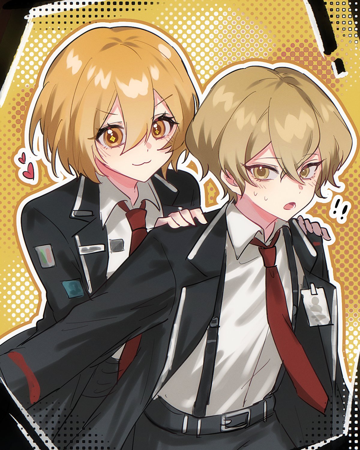 don quixote (project moon), sinclair (project moon), limbus company, project moon, highres, !, !!, + +, 1boy, 1girl, :3, belt, black belt, black border, black jacket, black pants, blonde hair, border, closed mouth, collared shirt, cowboy shot, crossed bangs, hair between eyes, hands on another's shoulders, hands up, heart, id card, jacket, lapels, long sleeves, looking at another, looking back, necktie, open clothes, open jacket, open mouth, orange eyes, orange hair, pants, polka dot, polka dot background, red necktie, shirt, short hair, smile, standing, suspenders, sweatdrop, v-shaped eyebrows, white shirt, yama 0511, yellow background, yellow eyes