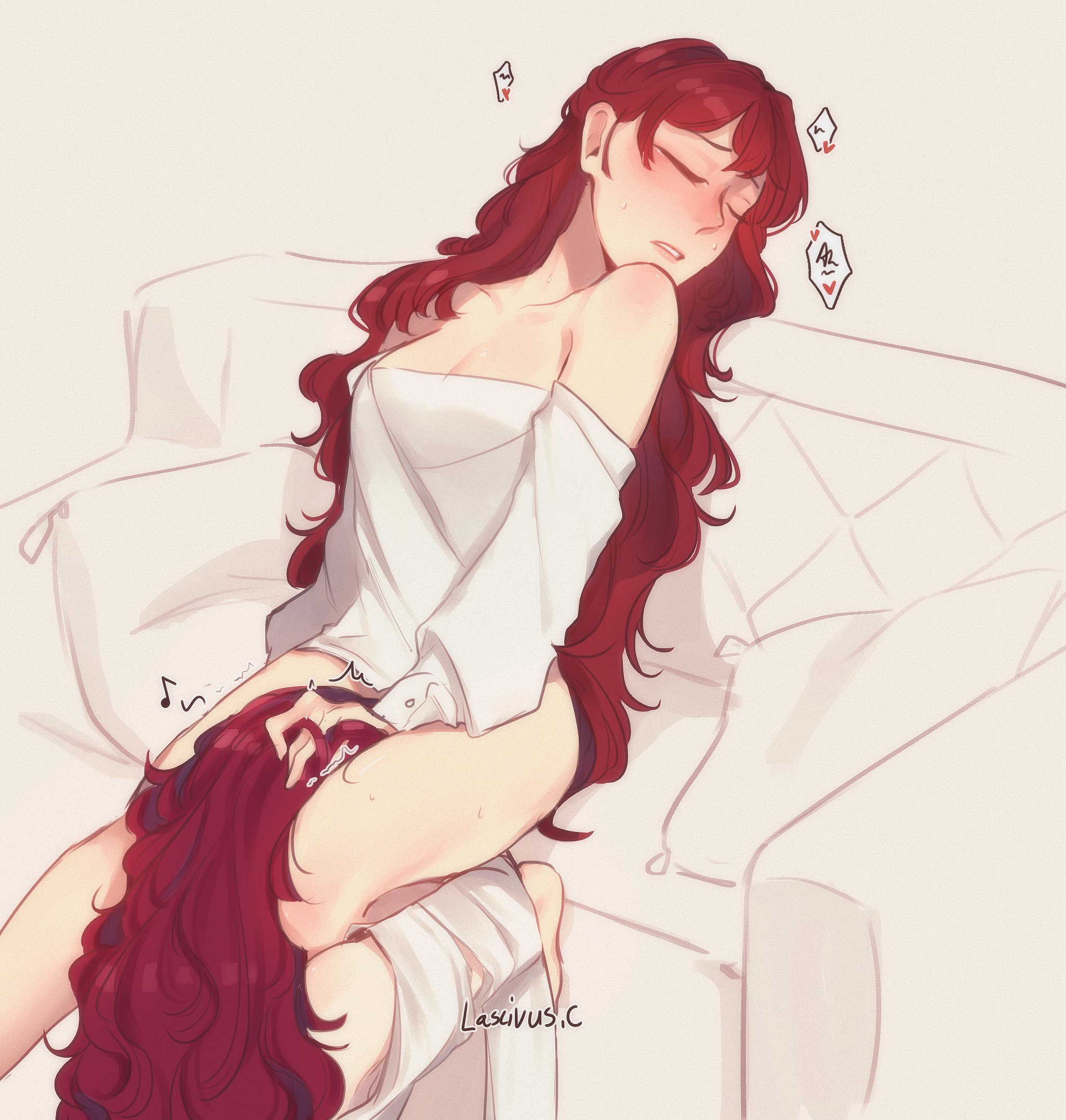 korichi celeste, cabernet (path to nowhere), himeko (honkai: star rail), honkai: star rail, honkai (series), path to nowhere, commentary, english commentary, highres, 2girls, between legs, couch, crossover, cunnilingus, cushion, dress, hand in another's hair, heart, long hair, multiple girls, off-shoulder shirt, off shoulder, on couch, oral, red hair, shirt, spoken heart, trembling, white dress, yuri