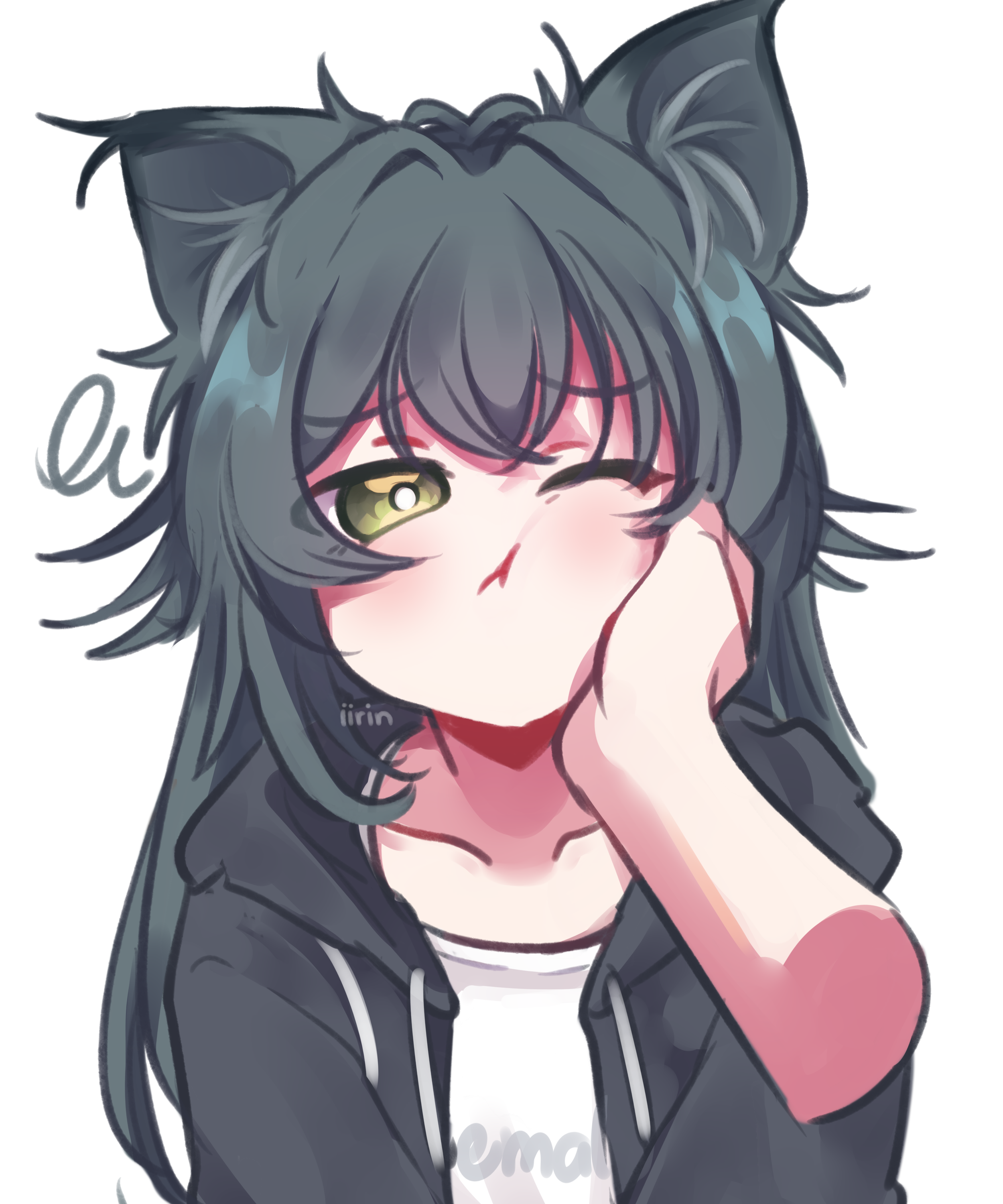 iirin, tsukimura temari, gakuen idolmaster, idolmaster, absurdres, highres, 1girl, 1other, :t, animal ears, black jacket, cat ears, closed mouth, collarbone, disembodied hand, green eyes, green hair, hand on another's cheek, hand on another's face, hood, hood down, hooded jacket, jacket, kemonomimi mode, long hair, one eye closed, pout, shirt, simple background, solo, upper body, white background, white shirt