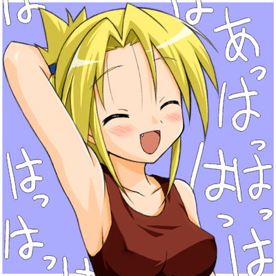 mizuno kurage, kuroi nanako, lucky star, lowres, 00s, armpits, blonde hair, blush, covered erect nipples, fang, no bra, solo