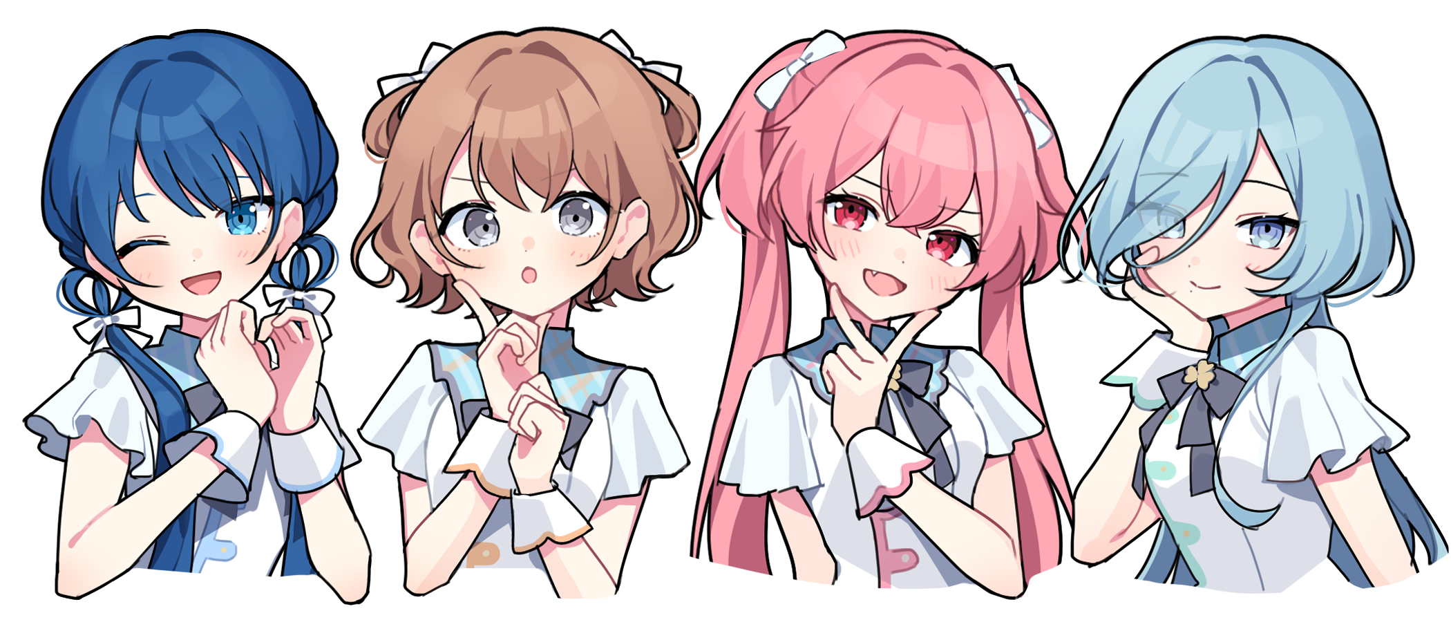 waka (wk4444), hanasato minori, hinomori shizuku, kiritani haruka, momoi airi, project sekai, commentary request, highres, 4girls, :d, :o, ;d, blue eyes, blue hair, blush, bow, bowtie, brown hair, closed mouth, cropped torso, dress, grey bow, grey bowtie, grey eyes, hair bow, hand up, hands up, long hair, looking at viewer, multiple girls, one eye closed, open mouth, pink hair, red eyes, short hair, short sleeves, simple background, smile, white background, white bow, white dress, wrist cuffs