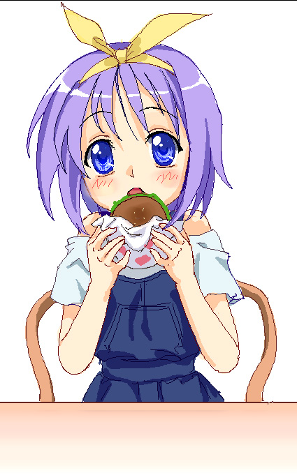 mutsuki (moonknives), hiiragi tsukasa, lucky star, 00s, 1girl, burger, female focus, food, off shoulder, overalls, solo