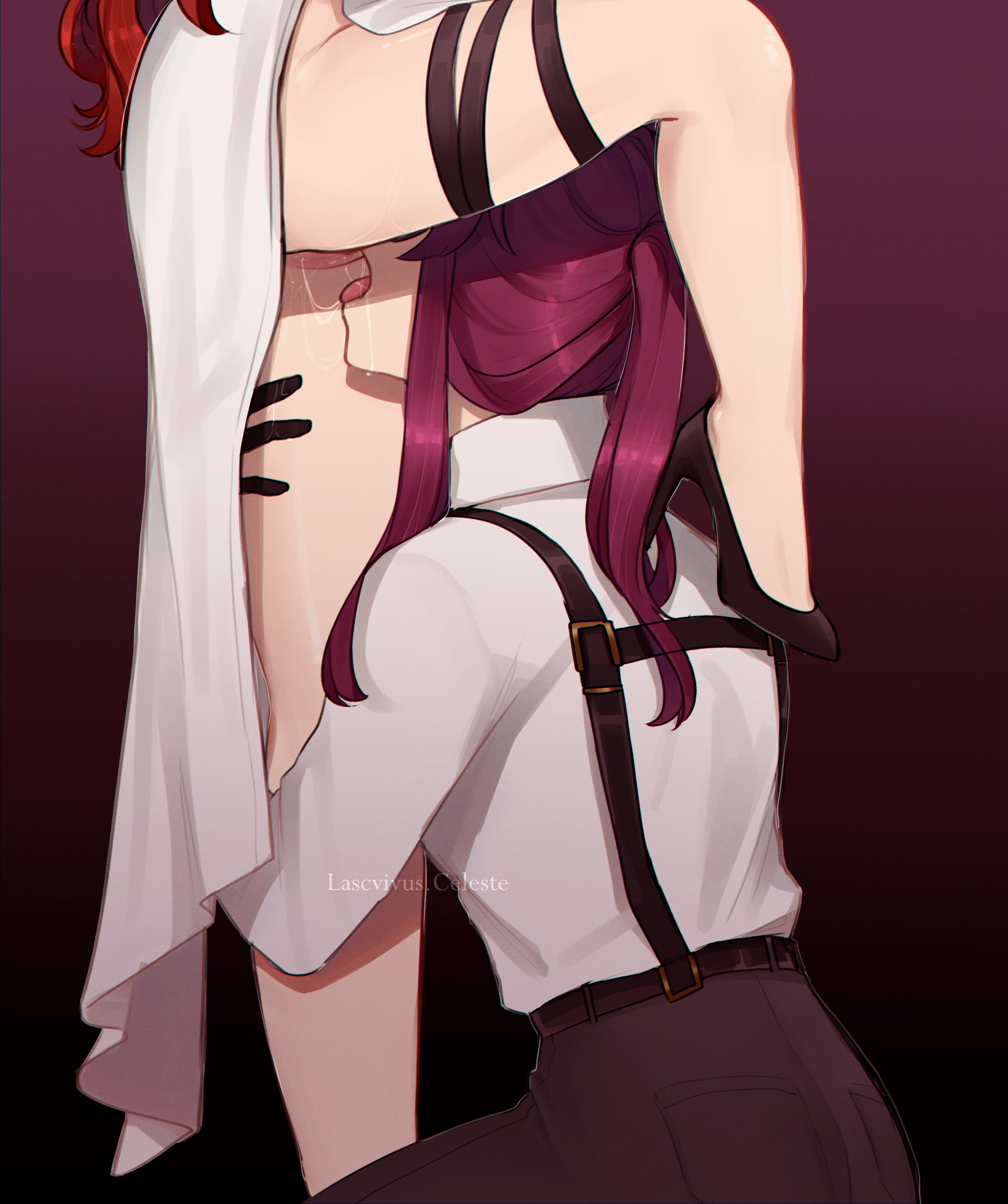 korichi celeste, himeko (honkai: star rail), kafka (honkai: star rail), honkai: star rail, honkai (series), absurdres, commentary, english commentary, highres, 2girls, artist name, black gloves, black pants, collared shirt, cunnilingus, dress, gloves, gradient background, multiple girls, oral, pants, purple background, pussy, pussy juice, pussy juice trail, red hair, shirt, standing, standing cunnilingus, suspenders, thigh strap, tongue, tongue out, uncensored, white dress, white shirt, yuri