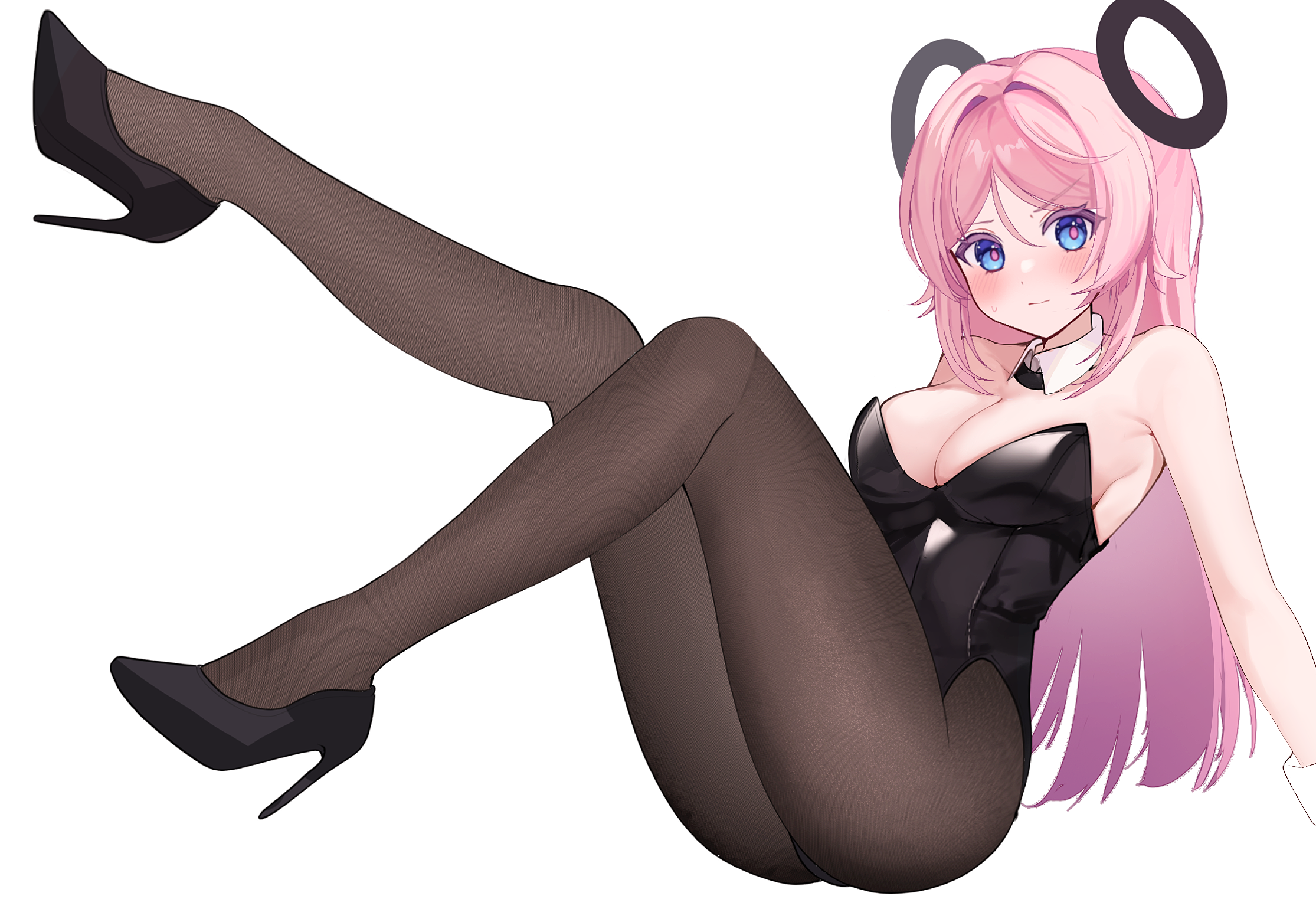 tsyumaru (tyuryumaryu), citlali (genshin impact), genshin impact, commentary request, highres, 1girl, alternate costume, bare shoulders, black leotard, black pantyhose, black shoes, blue eyes, blush, breasts, cleavage, closed mouth, collar, detached collar, floating headgear, full body, headgear, high heels, large breasts, leotard, long hair, looking at viewer, pantyhose, pink hair, pink pupils, playboy bunny, shoes, simple background, sitting, solo, strapless, strapless leotard, very long hair, white background, white collar