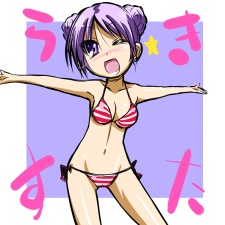 hiiragi kagami, lucky star, lowres, non-web source, 00s, 1girl, alternate hairstyle, bikini, breasts, cleavage, copyright name, double bun, female focus, hair bun, hair up, one eye closed, outstretched arms, purple hair, solo, spread arms, swimsuit, wink