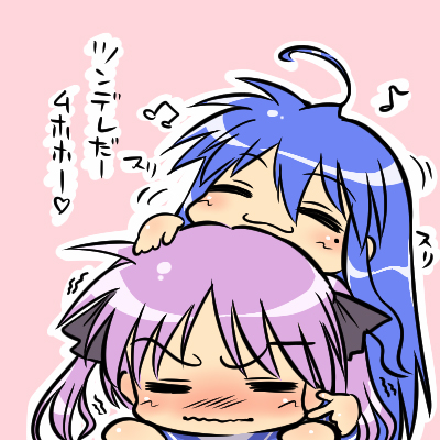 hairu, hiiragi kagami, izumi konata, lucky star, lowres, translation request, 00s, 2girls, = =, blue hair, blush, closed eyes, leaning on person, mole, mole under eye, multiple girls, purple eyes, yuri