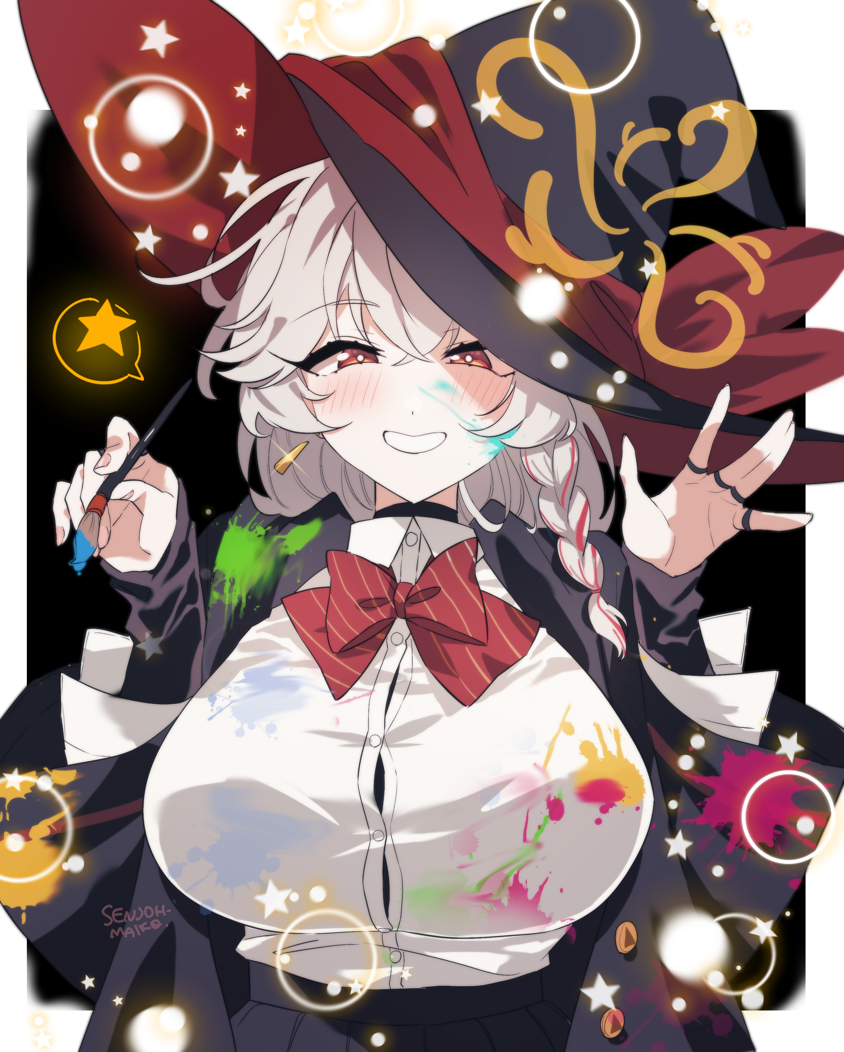 senjoh maiko, eri (blue archive), blue archive, blush stickers, bow, bowtie, braid, breasts, earrings, halo, hat, holding, holding paintbrush, jacket, jewelry, large breasts, long coat, long hair, orange eyes, paint on clothes, paint splatter, paint splatter on face, paintbrush, ring, shirt, skirt, sleeves past wrists, star (symbol), sweater, white hair, witch hat