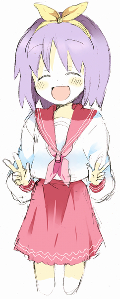mozu (modagoro), hiiragi tsukasa, lucky star, 00s, 1girl, :d, ^ ^, ascot, bow, closed eyes, female focus, hair bow, hairband, long sleeves, open mouth, pink ascot, pink skirt, purple hair, school uniform, serafuku, short hair, sketch, skirt, smile, solo, w