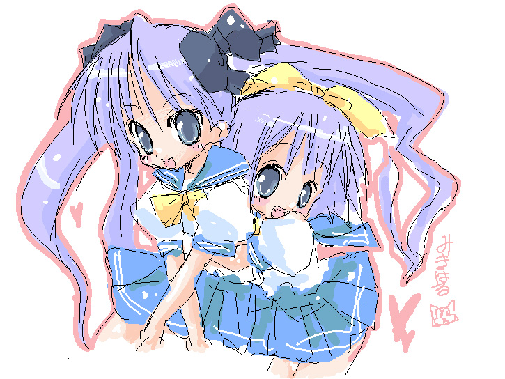 hiiragi kagami, hiiragi tsukasa, lucky star, tagme, 00s, 2girls, long hair, multiple girls, school uniform, serafuku, short hair, sisters, twins, twintails