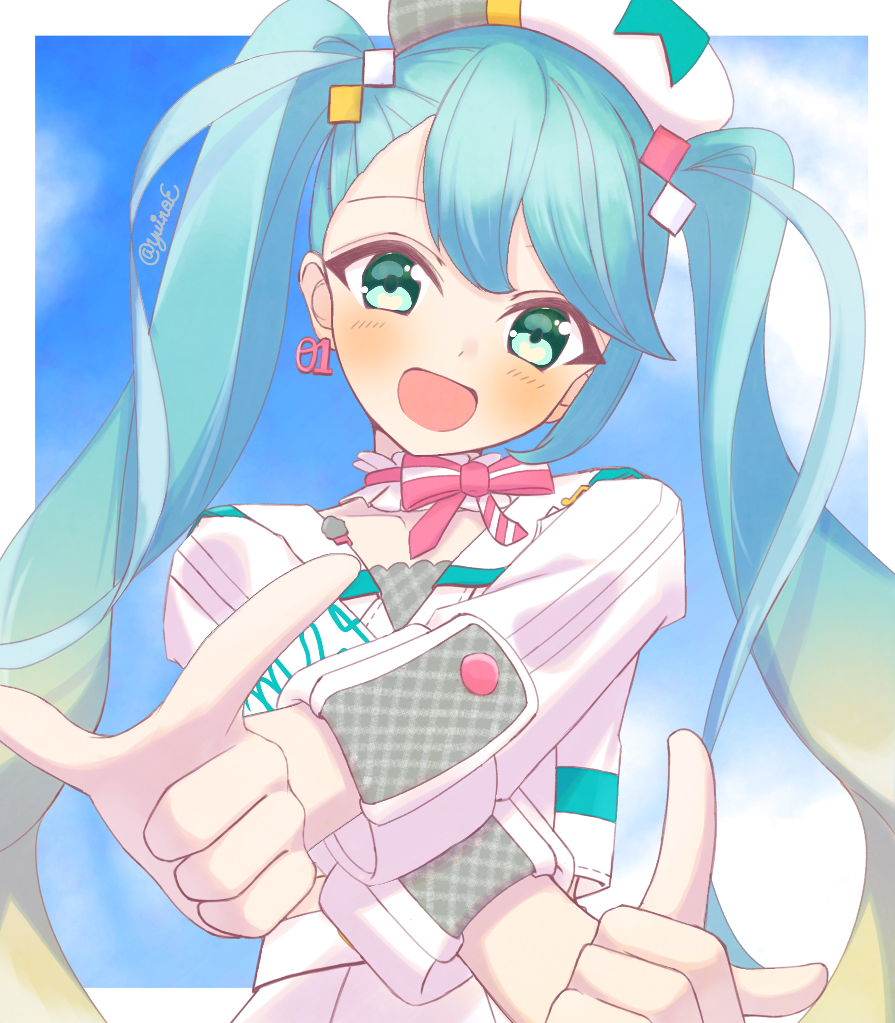 yuin0, hatsune miku, magical mirai miku, magical mirai miku (2024), magical mirai (vocaloid), vocaloid, highres, beret, blonde hair, blush, bow, collarbone, cropped jacket, earrings, gradient hair, hat, jewelry, long sleeves, looking at viewer, multicolored hair, official alternate costume, official alternate hairstyle, open mouth, pink bow, single earring, smile, twintails, twitter username, white hat