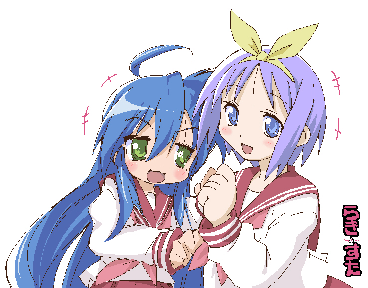haganemaru kennosuke, hiiragi tsukasa, izumi konata, lucky star, 00s, 2girls, mole, mole under eye, multiple girls, school uniform, serafuku, sketch