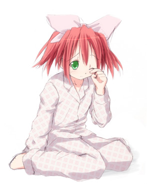 kobayakawa yutaka, lucky star, lowres, tagme, 00s, hair ribbon, pajamas, ribbon