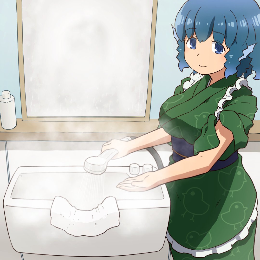 shirosato, wakasagihime, touhou, commentary request, 1girl, blue eyes, blue hair, blue sash, bottle, breasts, chick print, fins, gesture, green kimono, head fins, japanese clothes, kimono, large breasts, medium hair, mirror, outstretched arm, sash, short sleeves, shower head, sink, smile, solo, steam, towel