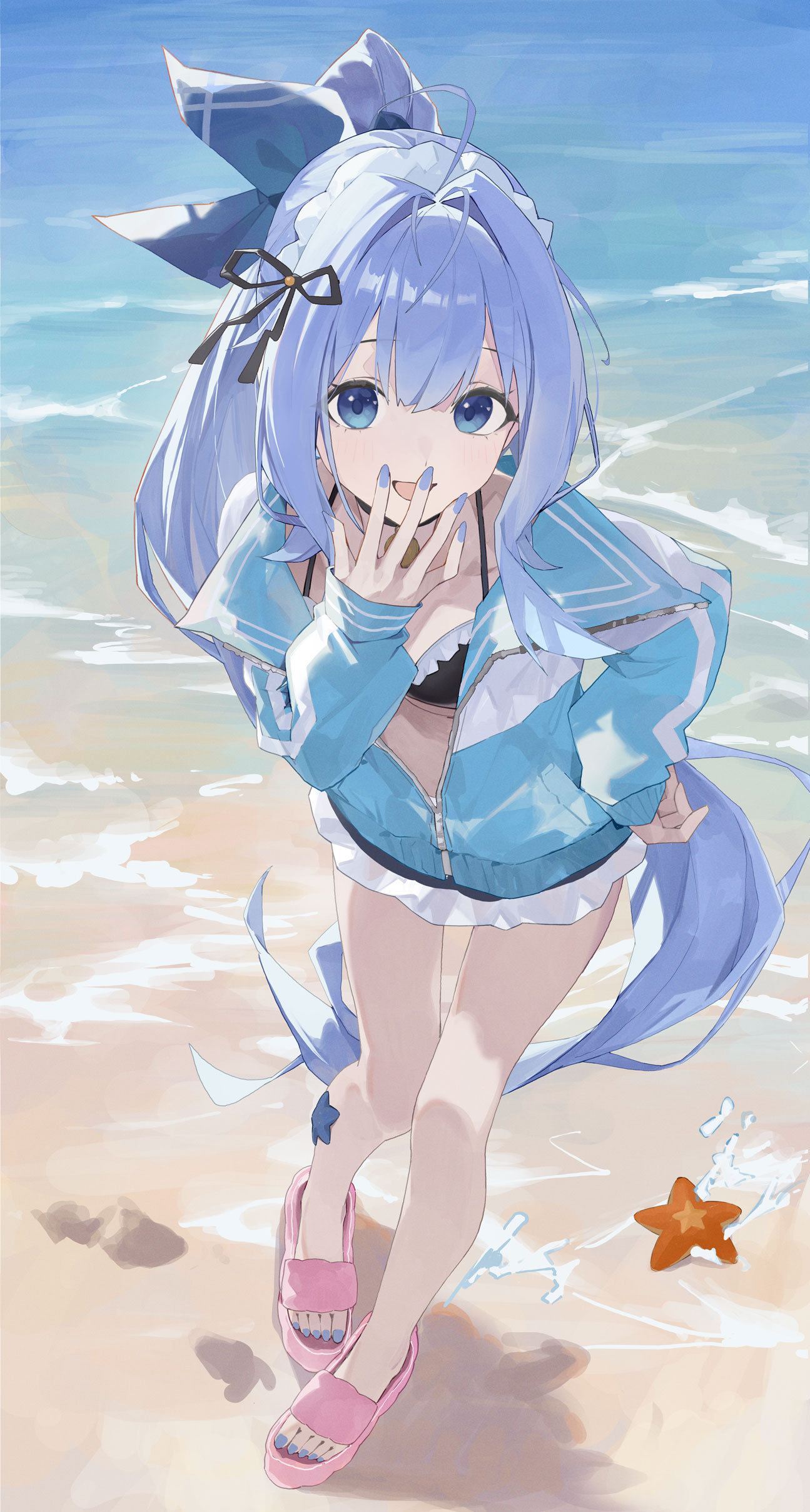 xuegao ice, anchor (innocent maid) (nikke), anchor (nikke), goddess of victory: nikke, absurdres, highres, 1girl, ahoge, apron, beach, bikini, black bikini, black ribbon, blue bow, blue eyes, blue hair, blue jacket, blue nails, bow, frilled bikini, frills, from above, giggling, hair bow, hair intakes, hair ribbon, hand on own hip, hand to own mouth, jacket, leaning forward, long hair, long sidelocks, looking at viewer, maid, maid bikini, maid headdress, nail polish, open mouth, partially unzipped, ponytail, ribbon, sandals, sidelocks, slides, smile, standing, starfish, swimsuit, toenail polish, toenails, unconventional maid, very long hair, waist apron