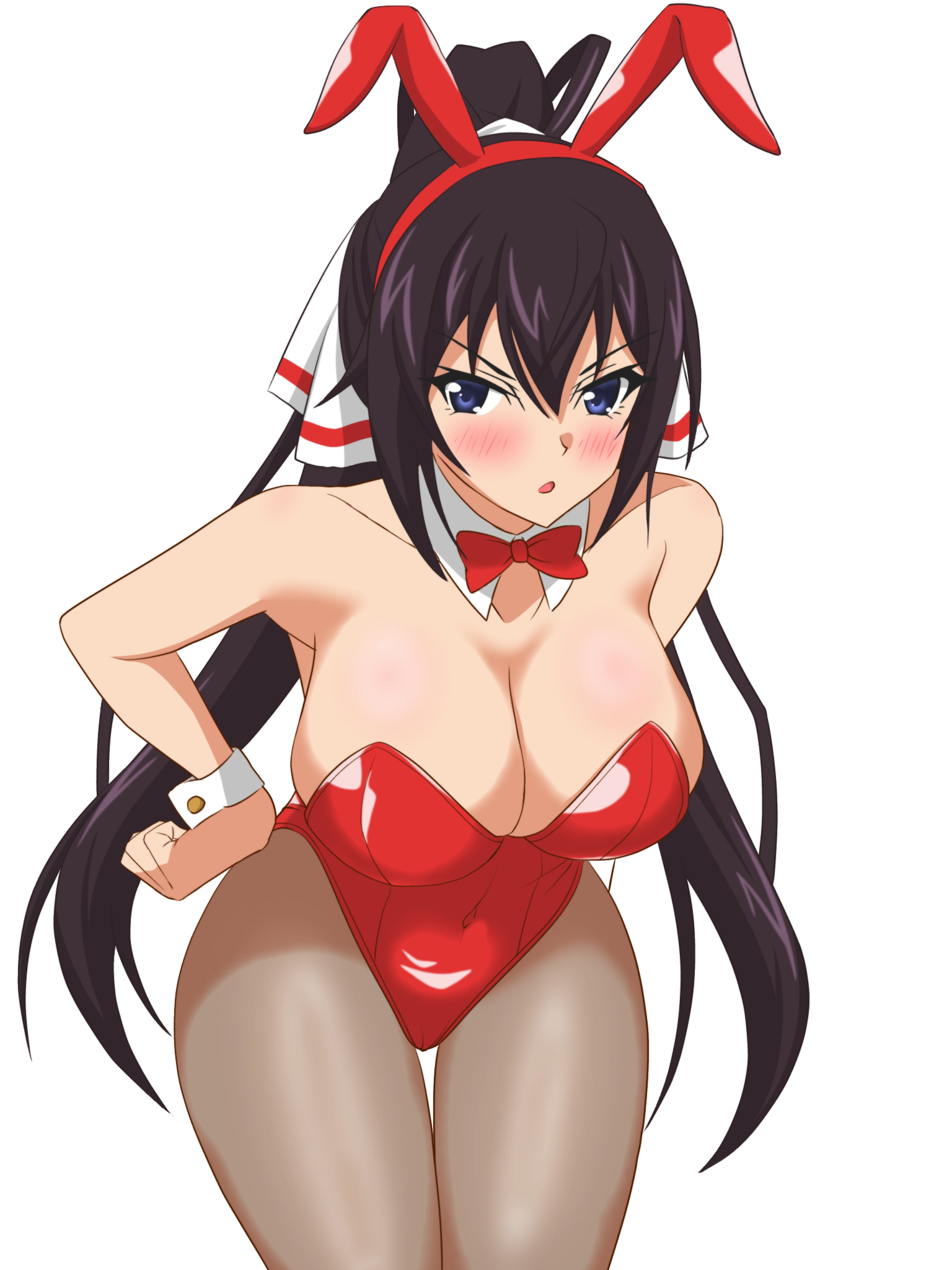 hata (pixiv10403940), shinonono houki, infinite stratos, highres, 1girl, animal ear hairband, animal ears, black hair, blue eyes, bow, bowtie, breasts, cleavage, detached collar, fake animal ears, hairband, hand on own hip, large breasts, leotard, long hair, looking at viewer, pantyhose, playboy bunny, rabbit ears, red bow, red bowtie, red leotard, simple background, solo, split ponytail, strapless, strapless leotard, thigh gap, white background, wrist cuffs