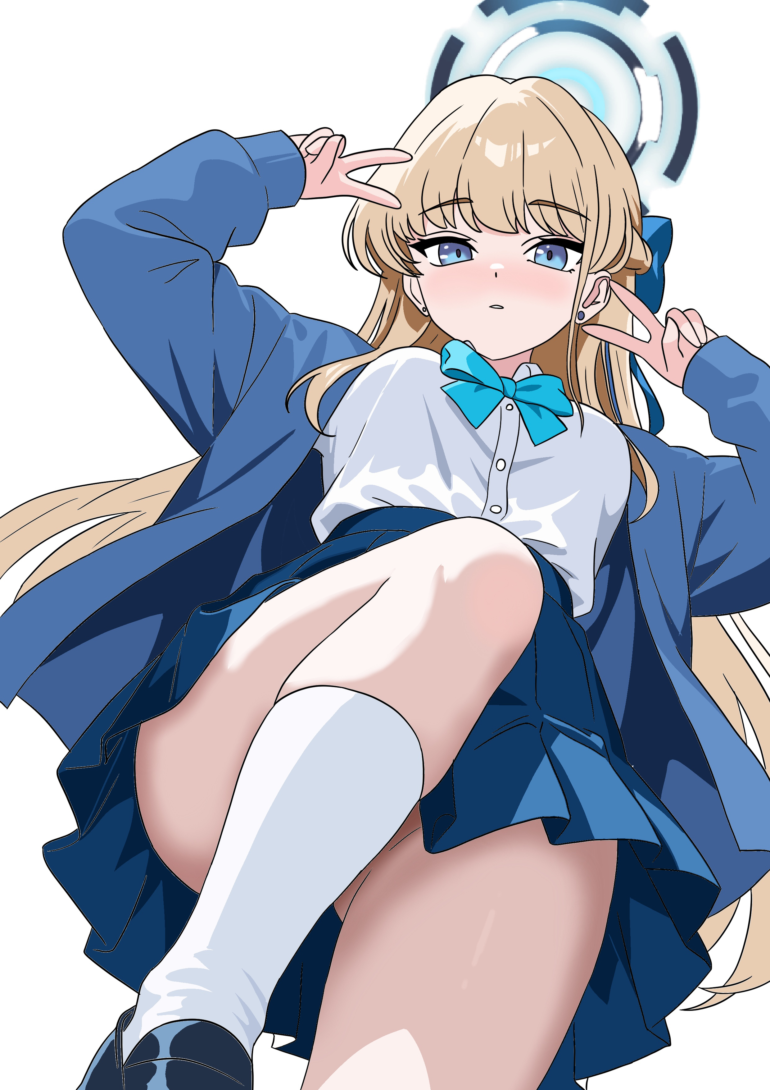 gubee, toki (blue archive), toki (school uniform) (blue archive), blue archive, absurdres, highres, 1girl, blonde hair, blue bow, blue eyes, blue jacket, blue shoes, blue skirt, blush, bow, double v, earrings, from below, hair down, jacket, jewelry, kneehighs, official alternate costume, official alternate hairstyle, parted lips, shirt, shoes, sidelocks, skirt, socks, solo, stud earrings, v, white shirt, white socks
