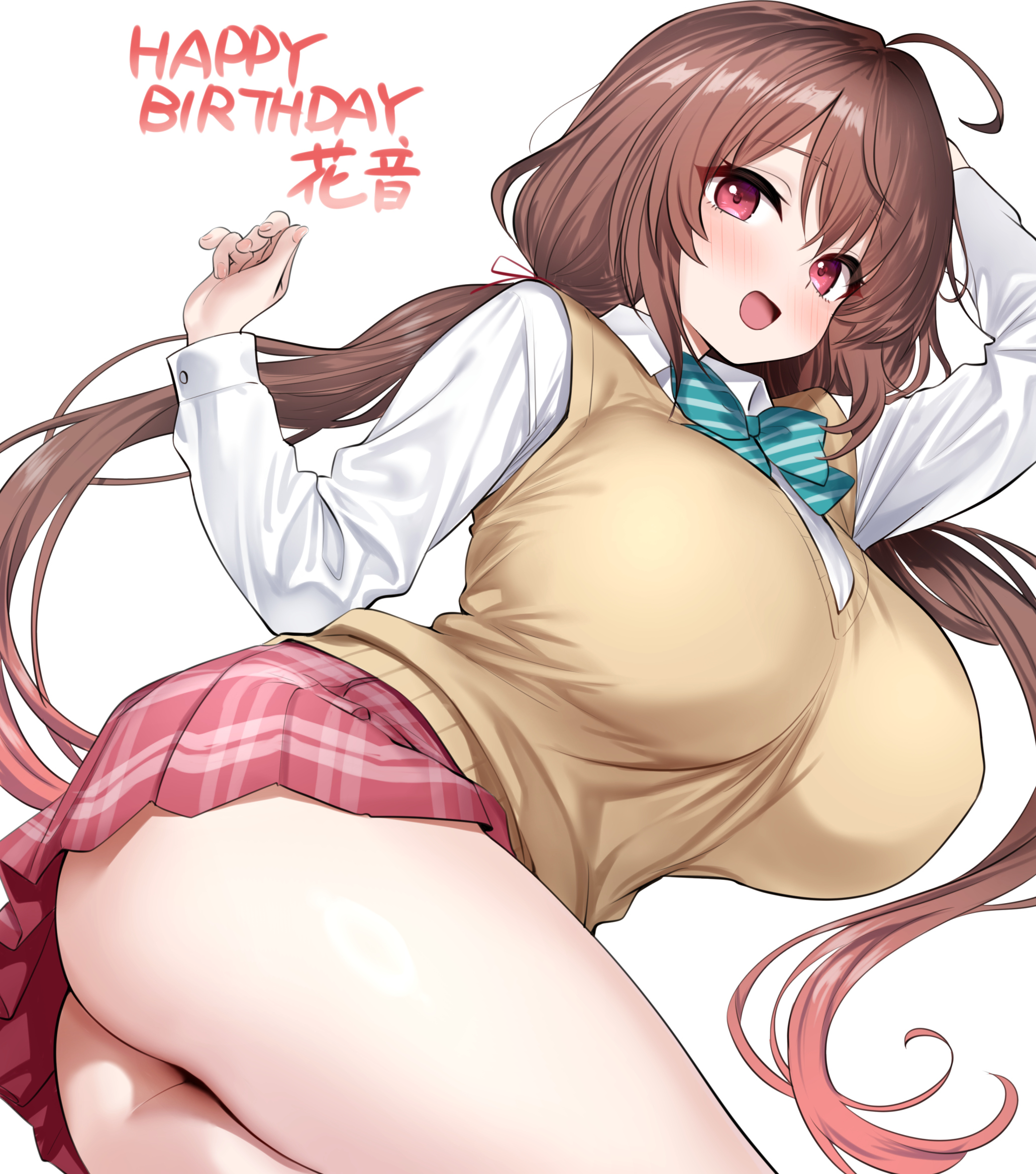 moredetale, koike kanon, sweet home maid, commentary request, highres, 1girl, ahoge, arm up, ass, blush, breasts, brown hair, collared shirt, hair intakes, happy birthday, huge breasts, long hair, long sleeves, looking at viewer, low twintails, miniskirt, open mouth, pink skirt, plaid clothes, plaid skirt, pleated skirt, red eyes, school uniform, shirt, simple background, skirt, smile, solo, thick thighs, thighs, twintails, white background, white shirt