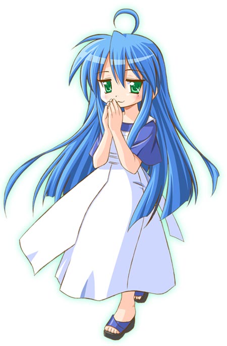 shiumai, izumi konata, lucky star, 00s, 1girl, ahoge, blue hair, dress, female focus, full body, green eyes, long hair, looking at viewer, mole, mole under eye, own hands together, sandals, sidelocks, simple background, solo, standing, toes, very long hair, white background, white dress