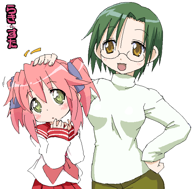 haganemaru kennosuke, kobayakawa yutaka, narumi yui, lucky star, 00s, 2girls, :d, glasses, green hair, hair ribbon, head tilt, headpat, height difference, long sleeves, looking at viewer, multiple girls, open mouth, pink hair, ribbon, rimless eyewear, sailor collar, school uniform, serafuku, shirt, short hair, siblings, simple background, sisters, smile, sweater, twintails, white background, white shirt, yellow eyes