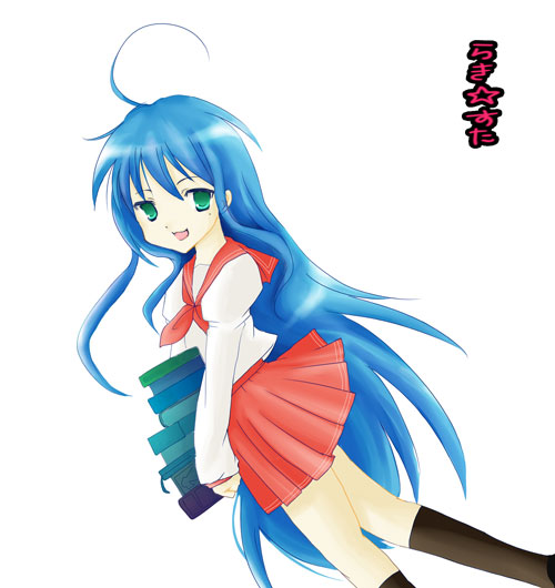 mahouni, izumi konata, lucky star, 00s, 1girl, ahoge, black socks, blue hair, book, book stack, carrying, copyright name, female focus, green eyes, holding, holding book, kneehighs, long hair, looking at viewer, mole, mole under eye, neckerchief, open mouth, red skirt, school uniform, serafuku, simple background, skirt, socks, solo, very long hair, white background