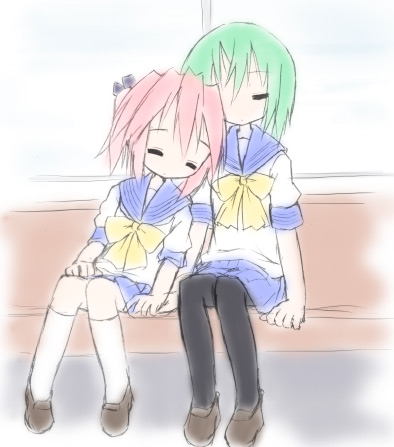 kuroba u, iwasaki minami, kobayakawa yutaka, lucky star, black legwear, lowres, 00s, 2girls, closed eyes, full body, green hair, loafers, multiple girls, pantyhose, pink hair, school uniform, serafuku, shoes, short hair, sitting, sleeping, sleeping upright