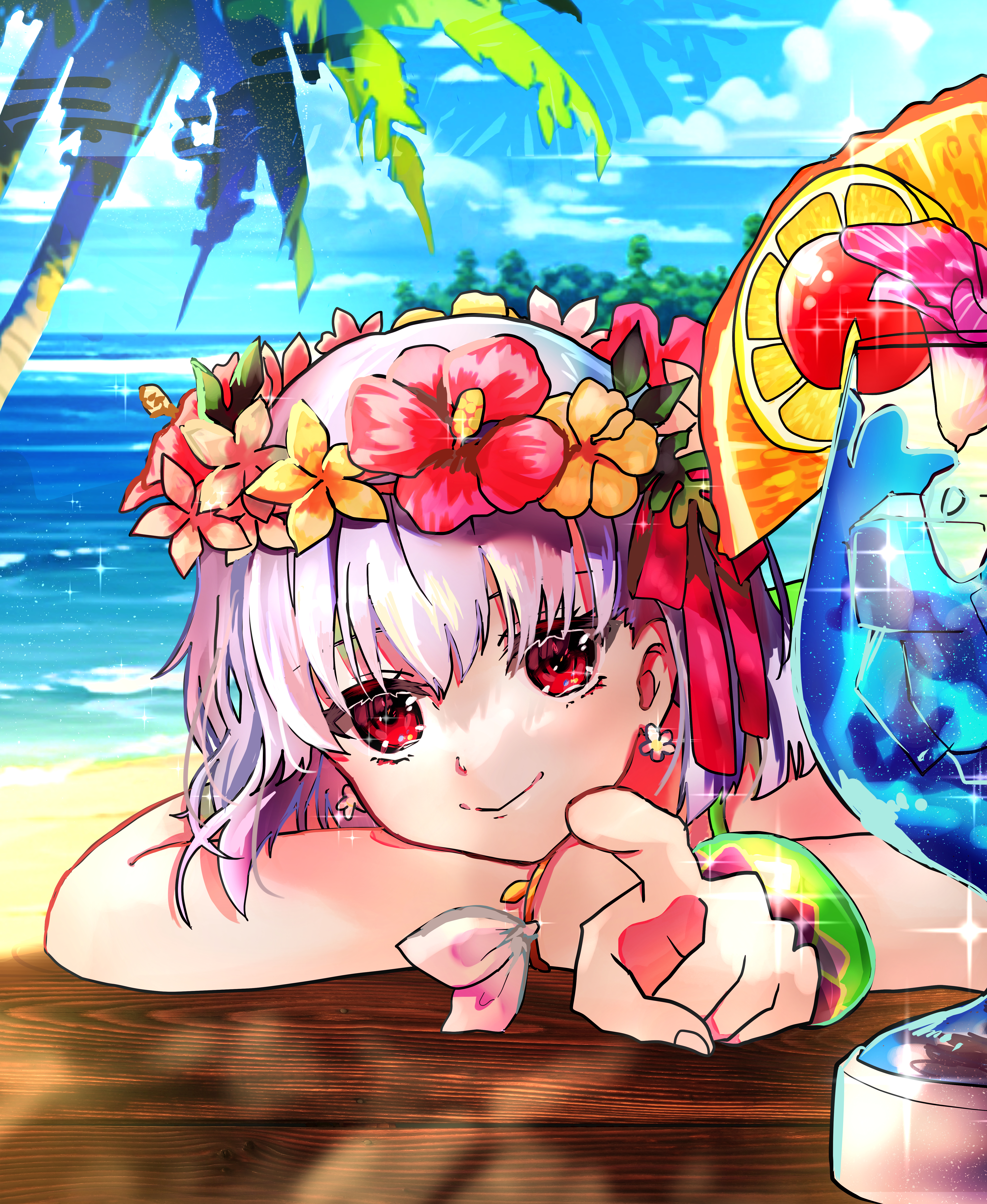kama (fate), kama (first ascension) (fate), kama (swimsuit avenger) (first ascension) (fate), kama (young) (fate), fate/grand order, fate (series), absurdres, highres, 1girl, bare arms, bare shoulders, bikini, blue sky, breasts, cupping glass, earrings, flower earrings, flower wreath, hair between eyes, hair ribbon, head wreath, jewelry, looking at viewer, lying, ocean, on back, outdoors, palm leaf, palm tree, red eyes, ribbon, short hair, sky, small breasts, smile, solo, swimsuit, table, tarako (pixiv 119321734), tree, upper body, white hair