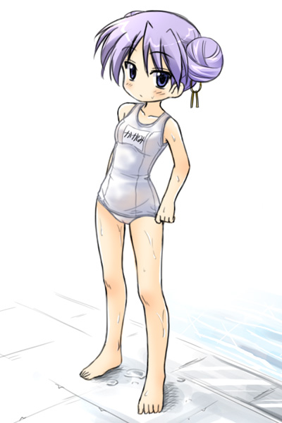 masakichi (crossroad), hiiragi kagami, lucky star, 00s, 1girl, alternate hairstyle, barefoot, blue eyes, double bun, female focus, hair bun, name tag, one-piece swimsuit, purple hair, school swimsuit, solo, swimsuit, wet, white one-piece swimsuit, white school swimsuit