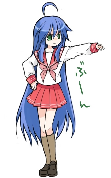 izumi konata, hare hare yukai, lucky star, suzumiya haruhi no yuuutsu, ahoge, hand on own hip, long hair, parody, school uniform, serafuku, simple background, solo, very long hair, white background