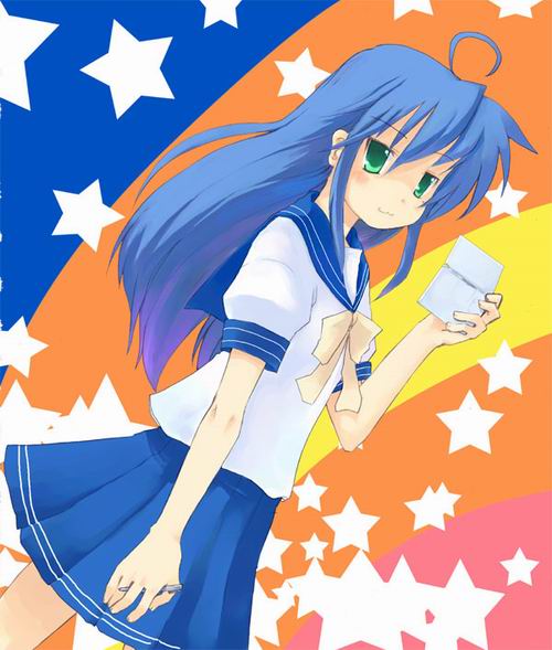karamiti, izumi konata, lucky star, 00s, 1girl, ahoge, arm at side, blue hair, blue skirt, dutch angle, female focus, green eyes, long hair, looking at viewer, mole, mole under eye, pleated skirt, puffy short sleeves, puffy sleeves, sailor collar, school uniform, serafuku, shirt, short sleeves, skirt, solo, star (symbol), very long hair, white shirt