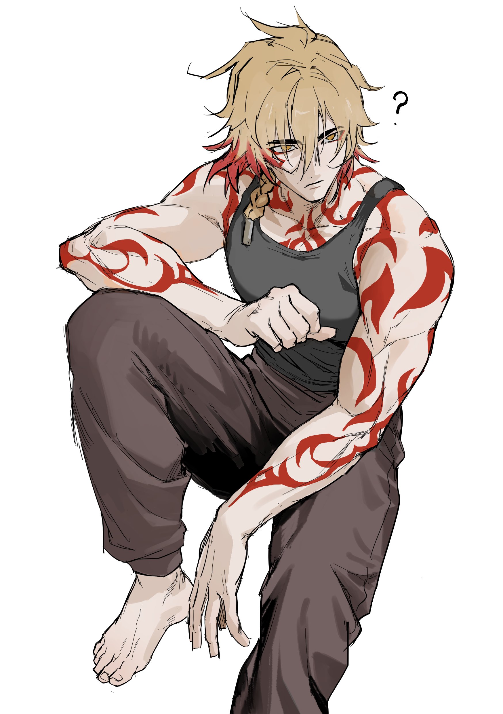 mydei (honkai: star rail), honkai: star rail, honkai (series), absurdres, commentary request, highres, korean commentary, 1boy, ?, arm tattoo, barefoot, black tank top, blonde hair, braid, brown pants, chest tattoo, facial tattoo, glasses, gradient hair, hair between eyes, lingling3870, male focus, medium hair, multicolored hair, pants, red hair, red tattoo, side braid, simple background, solo, tank top, tattoo, white background, yellow eyes
